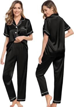 Pijama Feminino Americano Adulto Cetim Toque de Seda Bolso e Botão Manga Curta e Calça