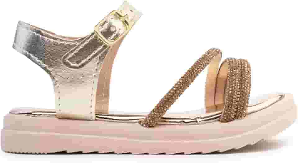 Sandália Infantil Papete com Tiras de Strass, Rosa e Dourado, Sola Leve Macio, Confortável