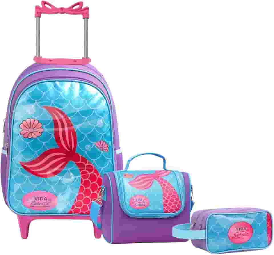 Kit Mochila de Rodinha Escolar Sereia Infantil Feminino + Lancheira Transversal + Estojo Duplo Menina