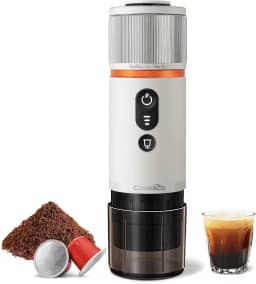CONQUECO Cafeteira portátil com cápsula de expresso, 12 V máquina de café elétrica com bateria - para carro camião e viagens - compatível com cápsulas originais nespresso e cápsula L'or (branco)