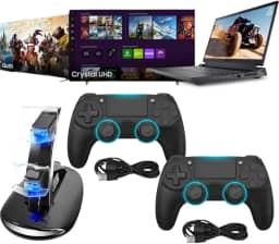 Kit 2 Controles Sem Fio Bluetooth + Carregador - Compatível com PS4, Notbook, PC e Smart TV – Joystick Gamer Ergonômico, Vibração, Botões de Alta Precisão, Perfeitos para Jogos FPS, Esportes, Aventura