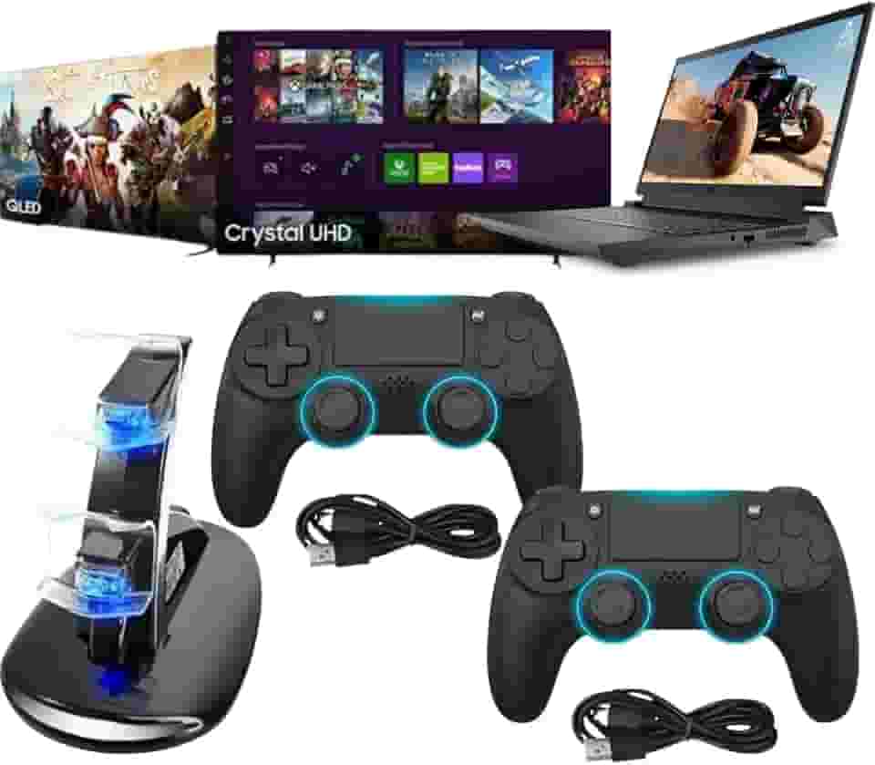 Kit 2 Controles Sem Fio Bluetooth + Carregador - Compatível com PS4, Notbook, PC e Smart TV – Joystick Gamer Ergonômico, Vibração, Botões de Alta Precisão, Perfeitos para Jogos FPS, Esportes, Aventura