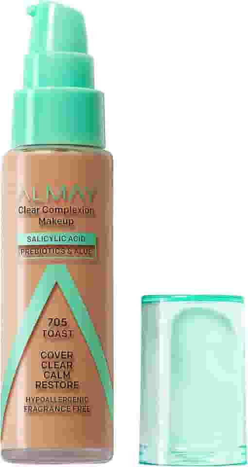 Almay Maquiagem Clear Complexion Acne Foundation com ácido salicílico, cobertura média, acabamento fosco macio, hipoalergênico, sem crueldade e sem fragrância, testado por dermatologistas, torradas