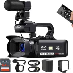 KLIOMAX Câmera de vídeo HD 6K, filmadora de 64 MP 60 FPS, 6 K, com microfone, WiFi, luz LED, cartão SD de 64 GB, bateria, webcam de transmissão ao vivo, câmera de vídeo do YouTube para criadores de
