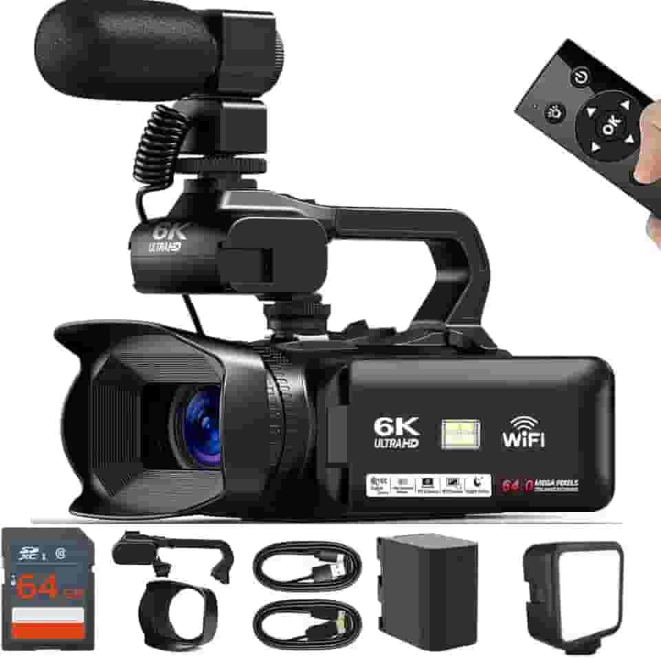 KLIOMAX Câmera de vídeo HD 6K, filmadora de 64 MP 60 FPS, 6 K, com microfone, WiFi, luz LED, cartão SD de 64 GB, bateria, webcam de transmissão ao vivo, câmera de vídeo do YouTube para criadores de