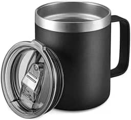 Caneca Xícara Térmica de Aço Inox, 360ml, Tampa com Isolamento a Vácuo, Camada Dupla (Preto)