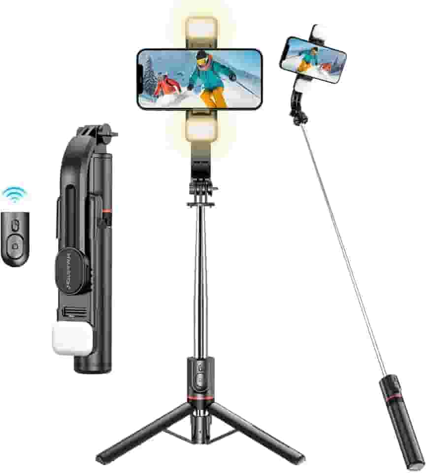 H'MASTON Tripe para Celular Pau de Selfie com Iluminação Bastao de Selfie com Controle Remoto Bluetooth e Duplo Luz LED Ajustável ZP-13 (PRETO)