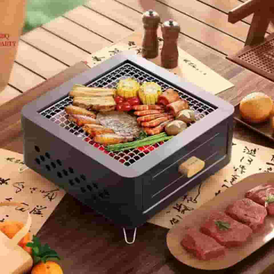 Churrasqueira Portátil a Carvão 31×31×17 cm com Bandeja Removível e Grelha