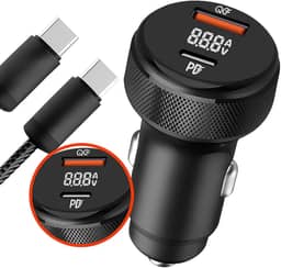 Carregador Veicular Universal Rápido para Carro Automóvel 60W Turbo Power com 2 Entradas USB + Cabo USB-C Incluso Carregamento Ultra Rápido para Celulares, Tablets e Dispositivos Eletrônicos - Premium