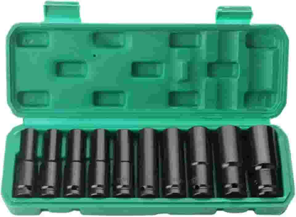 Jogo de Soquetes de Impacto 1/2 Profundos 10 Peças (8-24mm) - Cr-V - Alta Torque - Caixinha Organizadora - Ideal Carros e DIY