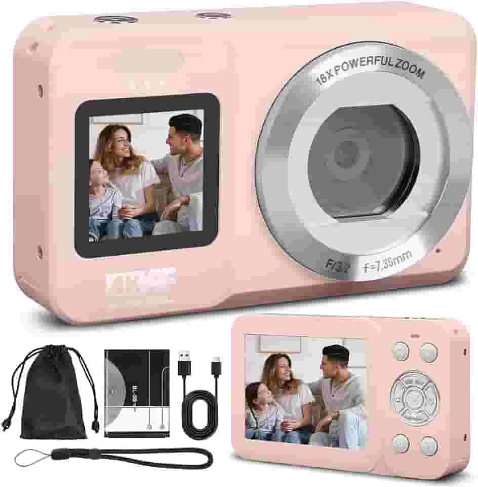 Câmera Digital, Câmera de Tela Dupla 4K 64MP, Zoom 18x, Aponte E Dispare 1 Baterias, Rosa, Camera Compacta, Time-Lapse, Temporizador, Vídeo HD(Cartão de Memória Não Incluído)