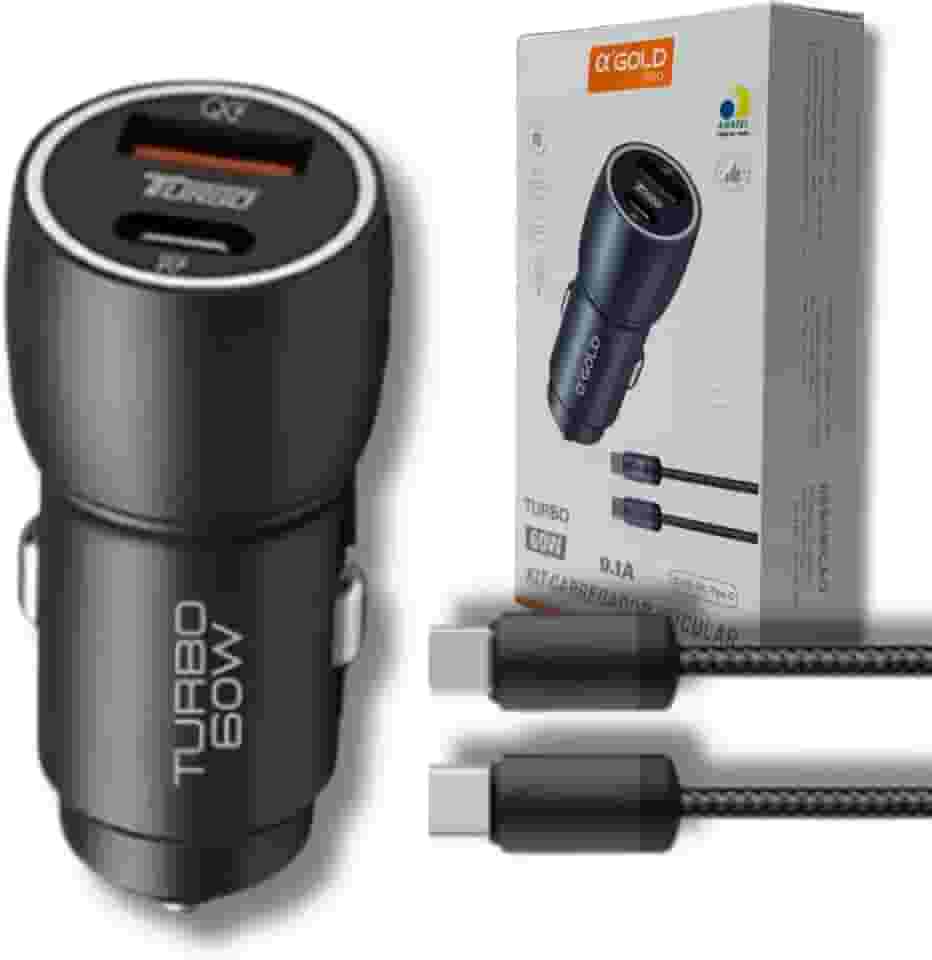 Carregador Veicular Turbo 60W Pro, Kit com Cabo USB-C. Duas portas USB 3.0 + USB-C, Led, Carregamento Rápido 9.1A Fast Charge Carro/Automotivo Compatível com IOS e Android – Premium (Preto)