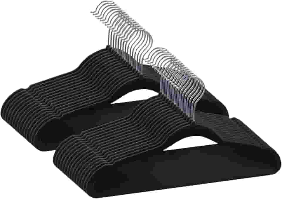 Kit 36 Cabides De Veludo Slim Macios Ultra Finos Anti Deslizante Elegantes Preto Organizadores De Armário Guarda Roupa Plástico Haste Giratória De Metal Cromado