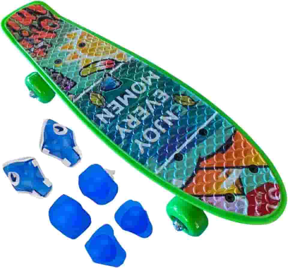 Skate Infantil 41cm com Kit de Proteção, com Estampa Sortida, Inclui Joelheiras, Cotoveleiras e Luvas
