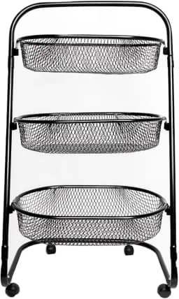 Fruteira De Aço Com Rodinhas Carrinho Organizador De Chão 3 Cestos Multiuso Para Cozinha Estrutura Reforçada Metaltec - Preto