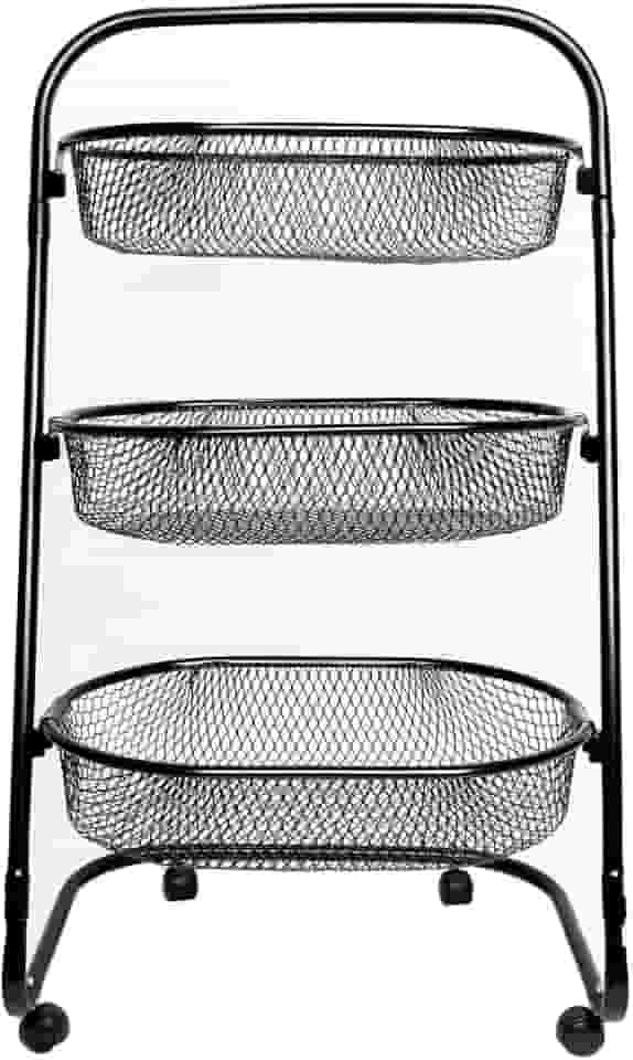 Fruteira De Aço Com Rodinhas Carrinho Organizador De Chão 3 Cestos Multiuso Para Cozinha Estrutura Reforçada Metaltec - Preto