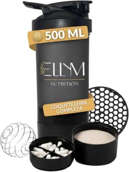 Coqueteleira Shakeira Garrafinha Copo Academia Com Porta Comprimido e Whey 500ml Preta Ellym Nutrition 15x8x8