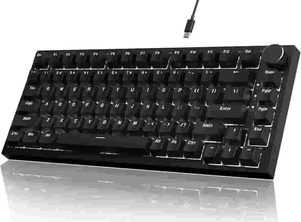 Attack Shark AK820 Teclado mecânico 75% hot-swappable, botão rotativo, USB-C, gasket com 5 camadas antirruído, LED branco, switch vermelho linear,Compatível PC/Win/Mac (preto)