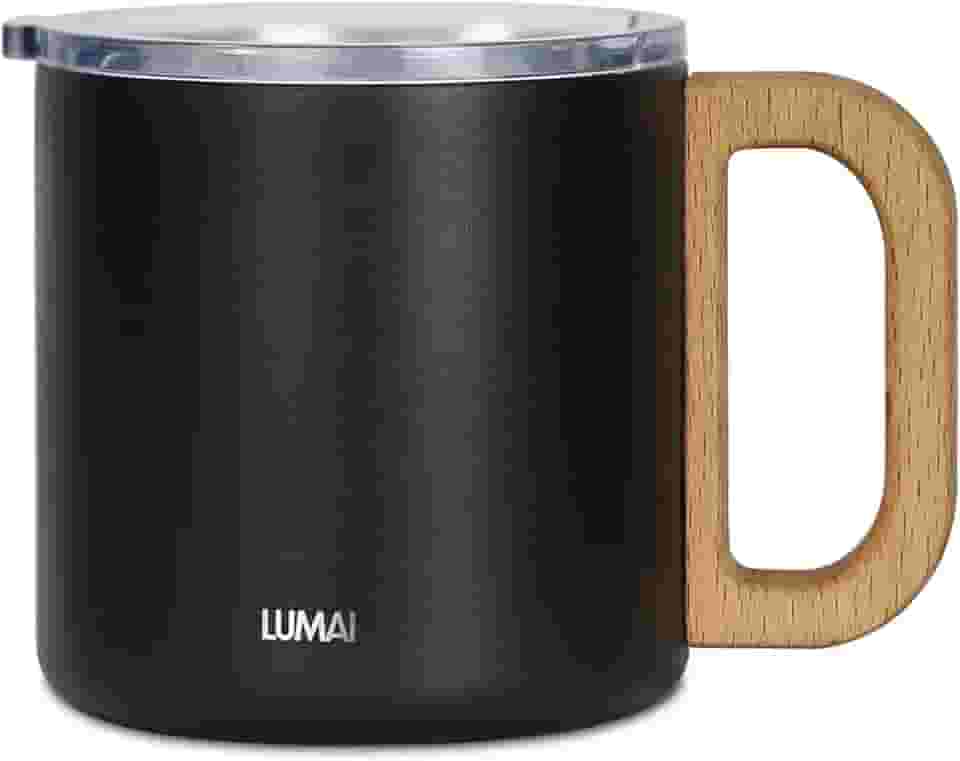 LUMAI Caneca Térmica Vietnã 350ml Aço Inoxidável, Parede Dupla Isolada a Vácuo, Mantém Bebidas Quentes ou Frias por Horas, Tampa Vedada Antivazamento, Alça de Madeira – Preto