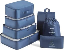 Kit Organizador de Malas de Viagem, 7 Peças, Conjunto com Bolsas e Necessaires, Sapatos Maquiagem Roupas Bagagem Organizada (Azul)