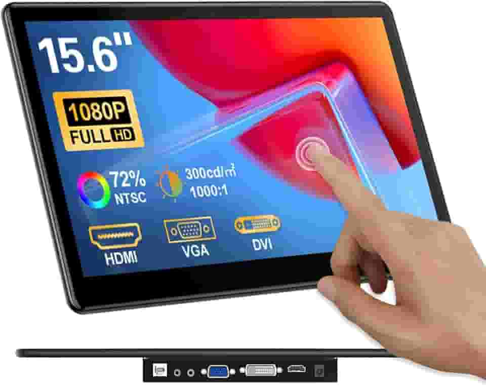 Monitor portátil sensível ao toque de 15,6 polegadas, FHD 1920 × 1080 IPS monitor portátil para laptop, tela sensível ao toque, HDMI, VGA, DVI, suporte VESA, compatível com laptops, PC PS5/4