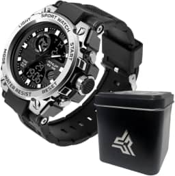 Relógio Digital e Analógico Tático Estilo Militar Esportivo Resistente Shock I Relógio de Pulso Masculino para Homem Esportivo Sobrevivência Militar À prova D'água com LED Noturno I Resistente a Choque com Cronômetro Com Pulseira Resistente I Relógio Robusto de Alta Durabilidade KP SW38 Com Detalhes Cinza