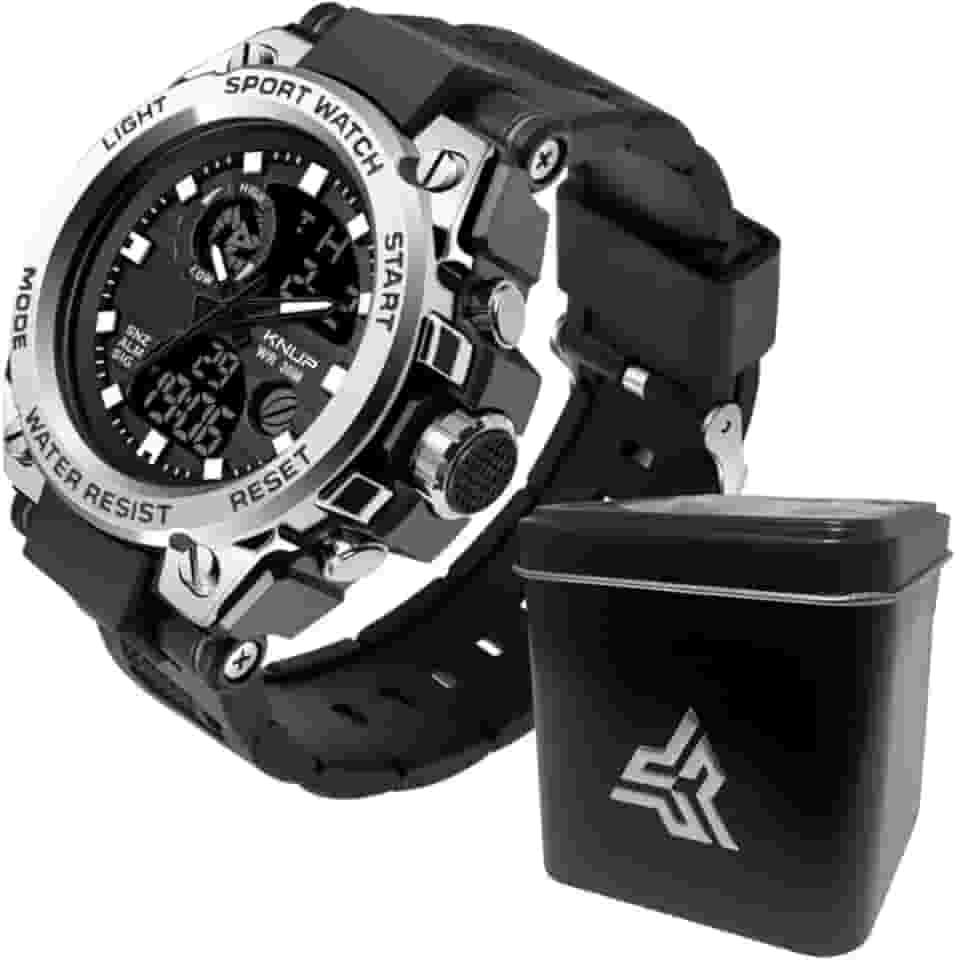 Relógio Digital e Analógico Tático Estilo Militar Esportivo Resistente Shock I Relógio de Pulso Masculino para Homem Esportivo Sobrevivência Militar À prova D'água com LED Noturno I Resistente a Choque com Cronômetro Com Pulseira Resistente I Relógio Robusto de Alta Durabilidade KP SW38 Com Detalhes Cinza