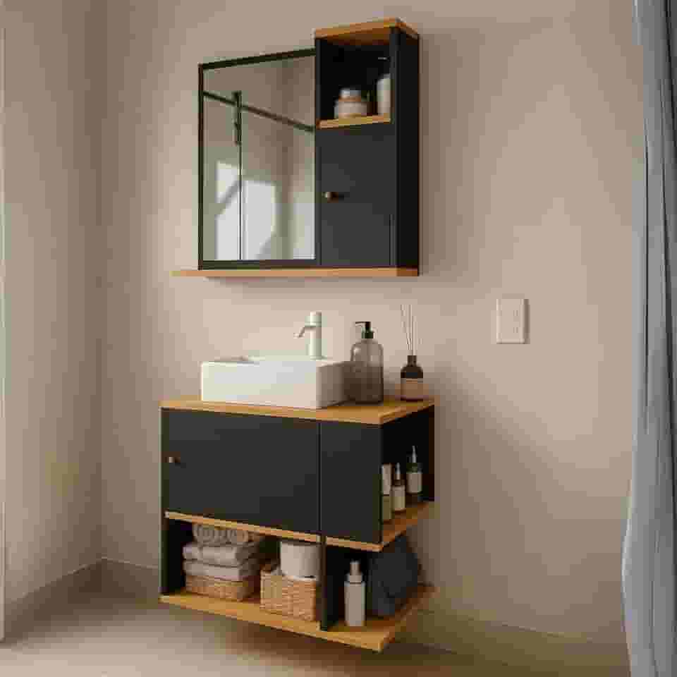 Conjunto Kit Gabinete Armário Balcão Aéreo Suspenso para Lavabo Pia Banheiro com Espelheira Suspensa Parede Bancada Prateleira com Espelho 1 Porta Nicho Organizador Deca Aqua Potenza - Preto/Freijó