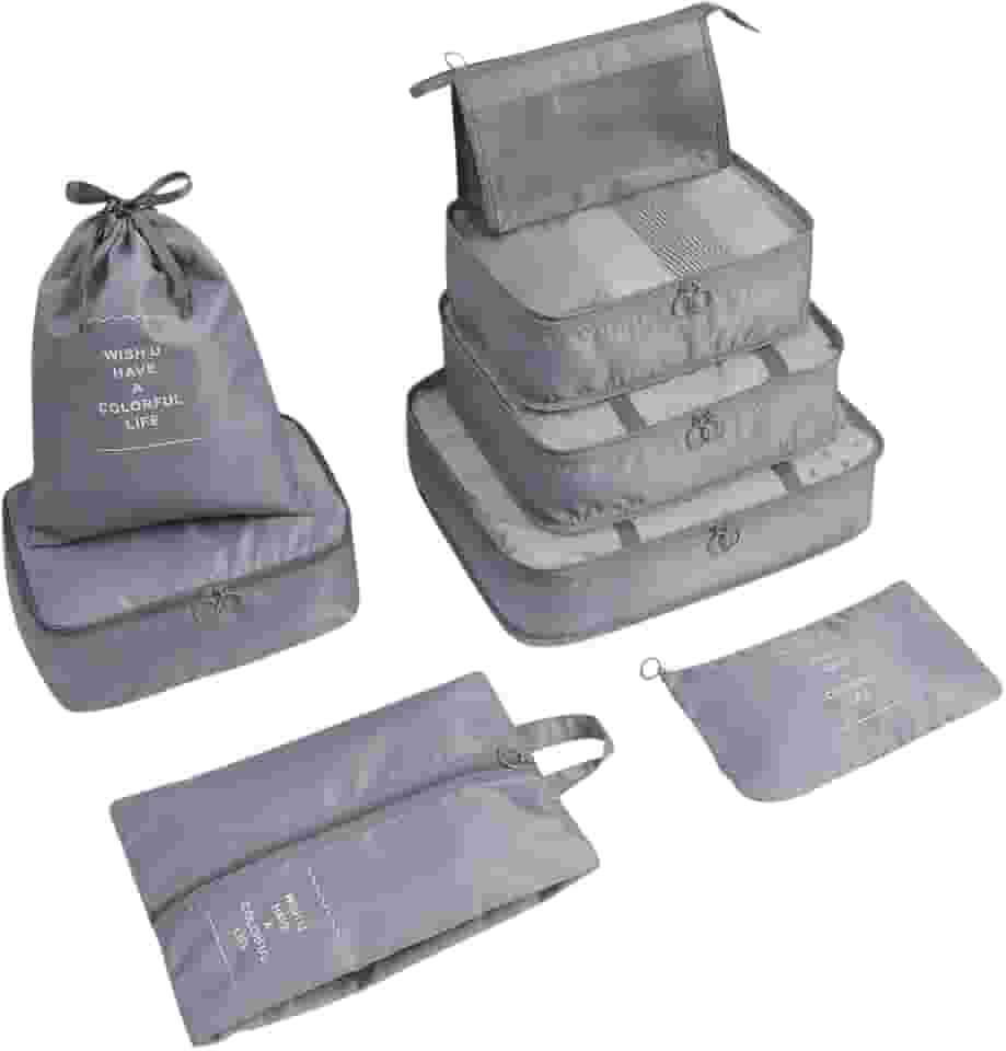 Kit Organizador de Malas Para Viagem Conjunto Organizador de Bagagem 8 Peças Bolsa Organizadora Para Roupas Acessórios Sapato Estojo de Maquiagem Cosméticos (Cinza)