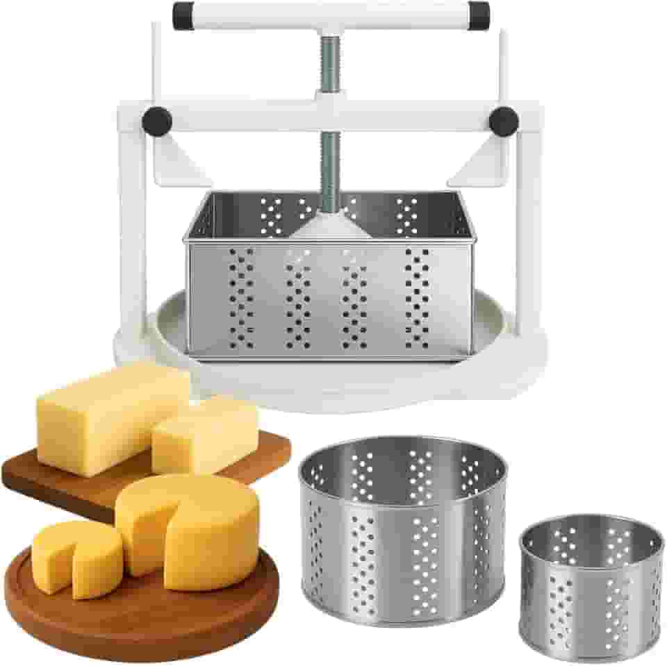 Kit Prensa Queijo Caseira Artesanal + 2 Formas de Queijo Minas Frescal Inox Retangular + 2 Formas Redondas 500g e 1kg