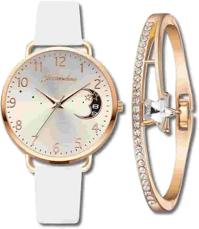 Conjunto Relógio Feminino com Pulseira Estrela 'Inspiration' – Quartzo – Couro – Cristais Zircônia – Elegante e Delicado – Acompanha Caixinha