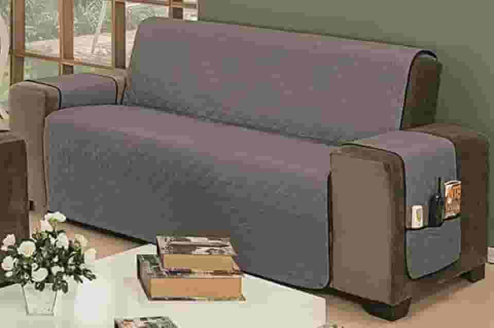 Protetor De Sofá Impermeável 3 Lugares Padrão Liso Dupla Face Tecido Microfibra Cinza/Preto