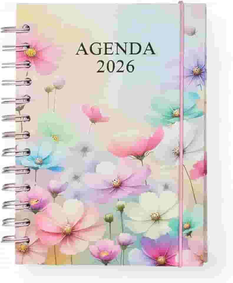 Agenda 2026 Capa Dura Compacta, 15x11 cm, 168 Folhas Pautadas, Espiral Metálica, Design Decorativo (Flores Coloridas)