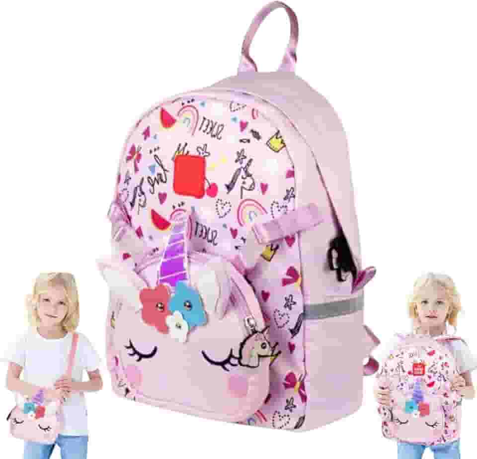 Mochila Infantil Unicórnio 2 em 1 com Bolsa Tiracolo Removível 3D Impermeável Escolar Creche Passeio Leve Espaçosa Alças Ajustáveis Multicolorida Fácil de Limpar
