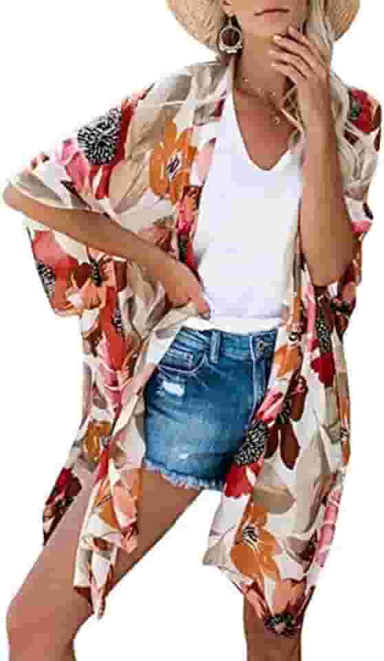 Cardigã feminino com estampa floral, manga bufante, estilo quimono, blusa casual solta