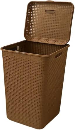 Cesto de Roupas Plástico com Tampa 70L Estilo Rattan para Lavanderia e Banheiro (marrom)