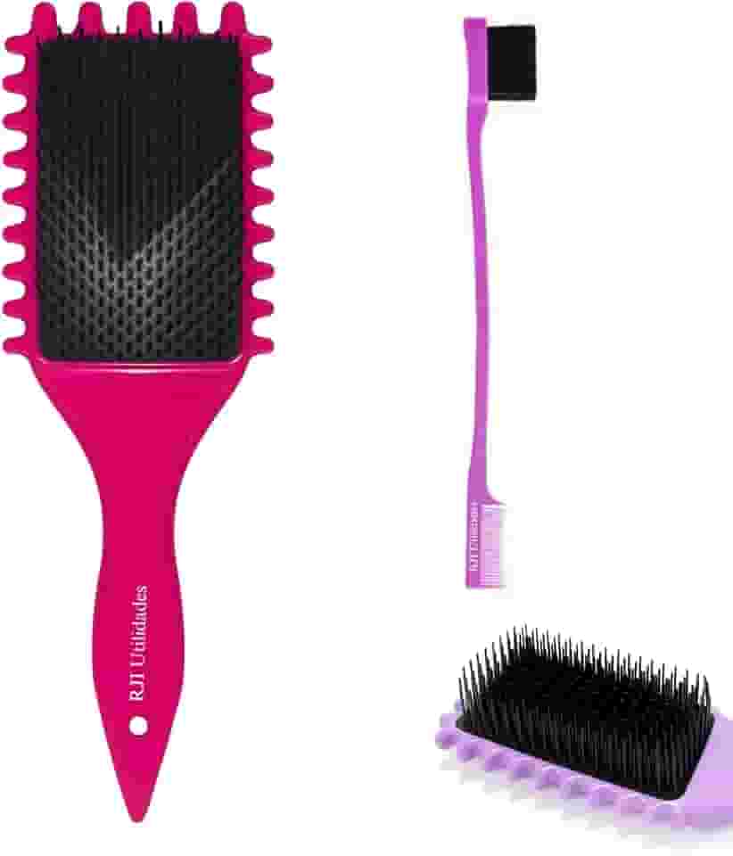 Escova Cabelo Fitagem Raquete Definição Cachos Profissional + 1 Baby Hair 2 em 1 - Kit com 2 Pçs - RJI Utilidades