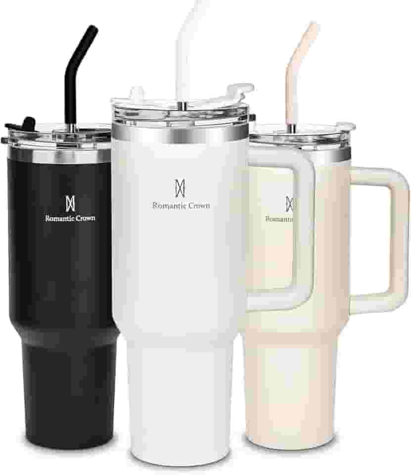 Romantic Crown Copo Térmico com Canudo Tampa e Alça 1,18L, Copos Garrafas Termico para viagem vácuo dupla camada aço inoxidável, Caneca Termica Cafe Água Chá,Presente, Fitness (Creme)