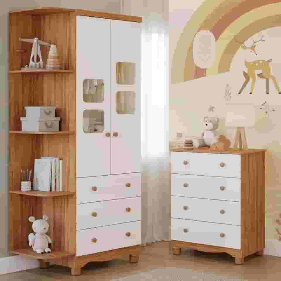 Quarto Bebê Completo Guarda Roupa Uli 2 Portas C/Prateleiras Gaveteiro 4 Gavetas 100% Mdf