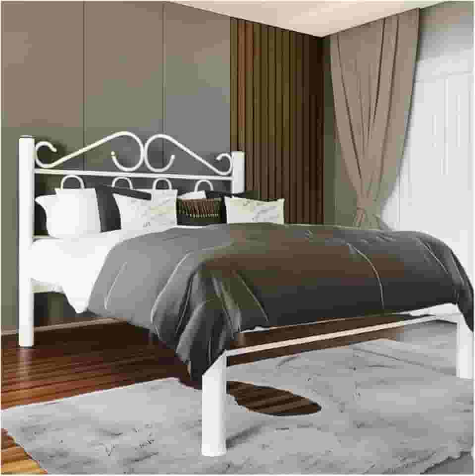 Cama Casal Ferro Com Cabeceira Branca E Estrado Em Pinus