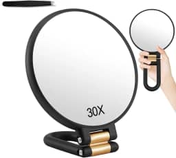 Espelho de Viagem de Aumento 30X/1X, Espelho de Mão Dupla Face com Alça e Pinça, Essencial de Viagem Espelho de Maquiagem Dobrável Portátil para Maquiagem de Precisão Preto