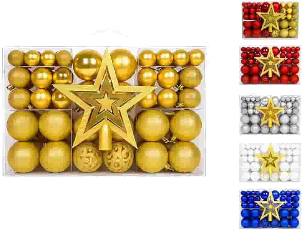 Kit 100 Bolas de Natal Mista Lisas Glitter Dourado Decoração Enfeite Árvore de Natal com Ponteira LuvinCo