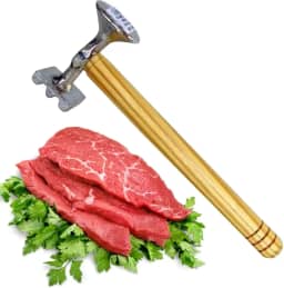 Martelo de Cozinha Amaciador de Carne Dupla Face, Cabo de Madeira 21cm, Face Lisa e Corrugada