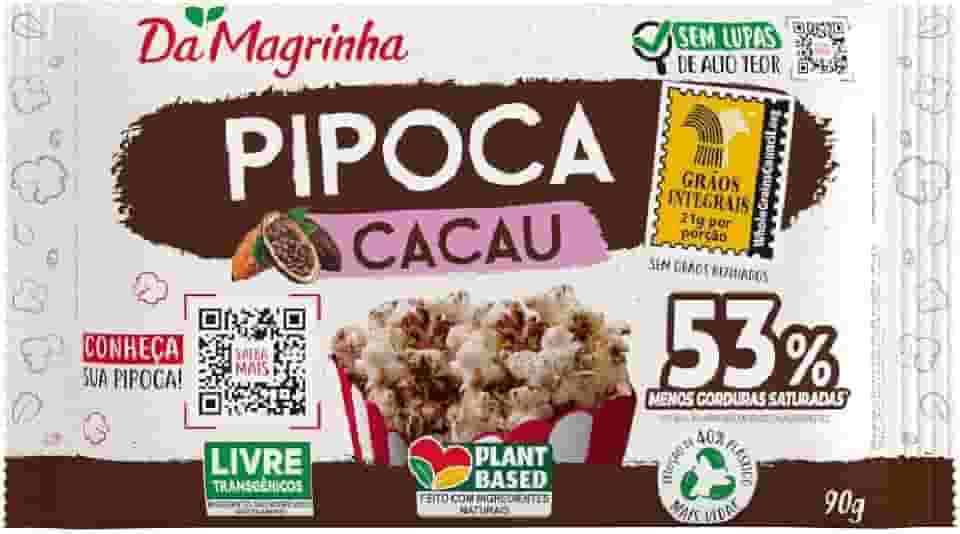 Pipoca Micro-Ondas Da Magrinha 90g – Sabor Cacau, Integral com 65% Menos Gorduras Totais, Sal Marinho, Whole Grain Certificado, Sem Transgênicos, Sem Lupas de Alto Teor