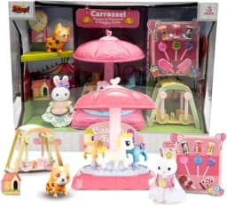 Parque de Diversões Casinha Feliz, Carrossel com Cavalinhos, Balanço e Acessórios, Rosa Boneca