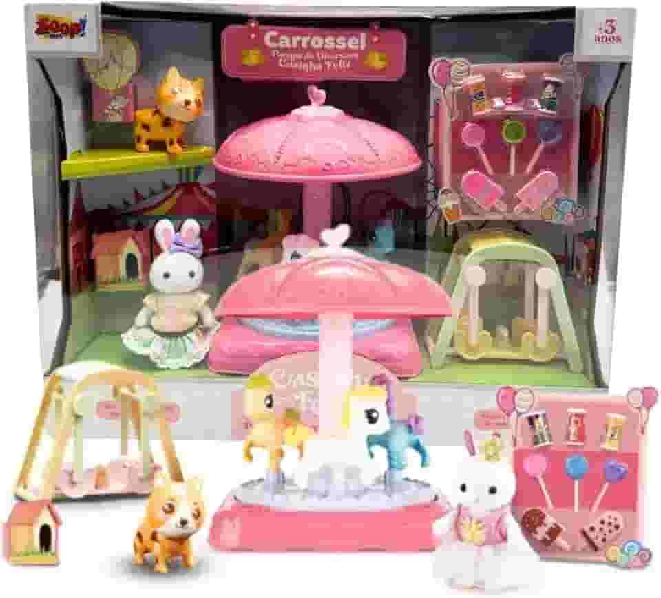 Parque de Diversões Casinha Feliz, Carrossel com Cavalinhos, Balanço e Acessórios, Rosa Boneca
