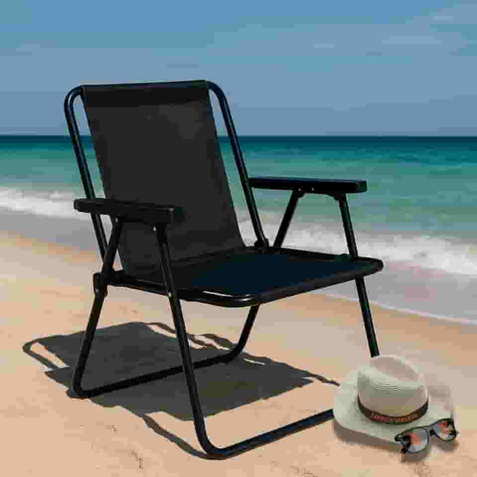 Cadeira De Praia Lazer Descanso Dobrável Alta De Aço (Preta)