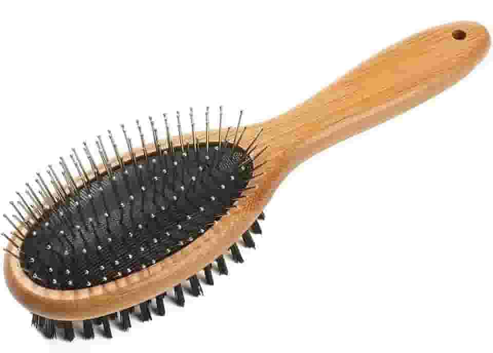 KylePet Escova para cães, dupla face, para animais de estimação, com alça de bambu para cães e gatos, pente de pelos longos para remover quedas, emaranhados e subpelo morto