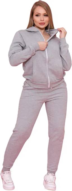 Conjunto Moletom Feminino com Capuz, Blusa e Calça, Zíper Frontal, Cinza