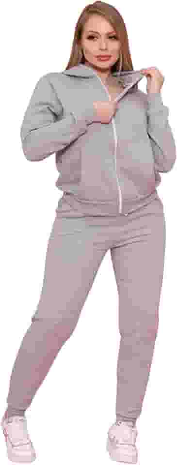 Conjunto Moletom Feminino com Capuz, Blusa e Calça, Zíper Frontal, Cinza